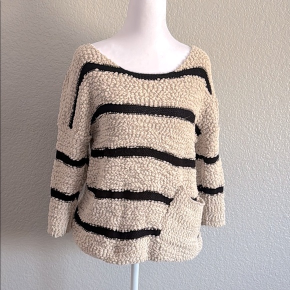 Rewind Sweaters - Rewind Cream and Black Crew Neck Sweater with Stripes Large